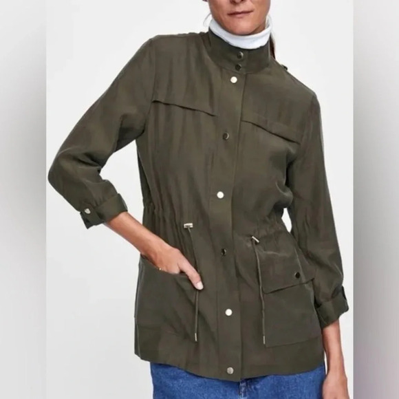 Utility Chore Jacket Zara Military Olive Green Field Style Workwear Lightweight - Picture 2 of 8